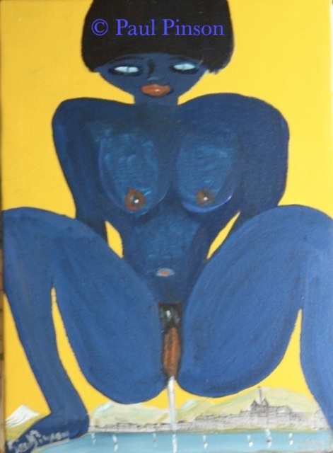 Pisse-Vache, une peinture de Paul Pinson montrant en vue de face un femme en bleu qui pisse
